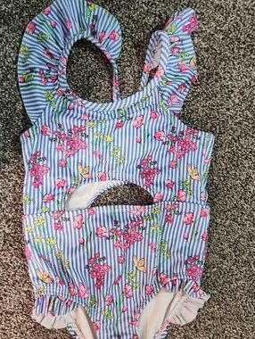 Penelope Mack Pink Floral & Blue Stripe Girls One-Piece